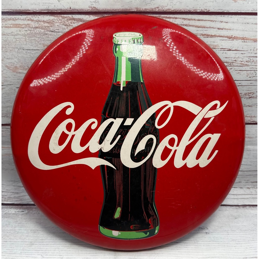 Vintage Coca-Cola Classic Red Metal Button Sign 12" Round